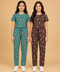Girls Cotton All-Over Printed T-Shirt & Full-Length Pant Night Suit | Age - 9 to 15 Years | Pack of 2 Sets