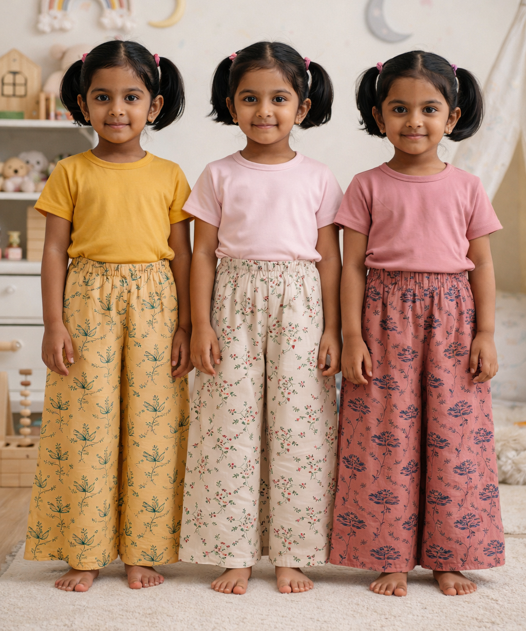 Printed Palazzo Pant | Casual Night wear for Girl Kids Age 4 To 10 Years (Pack of 3)