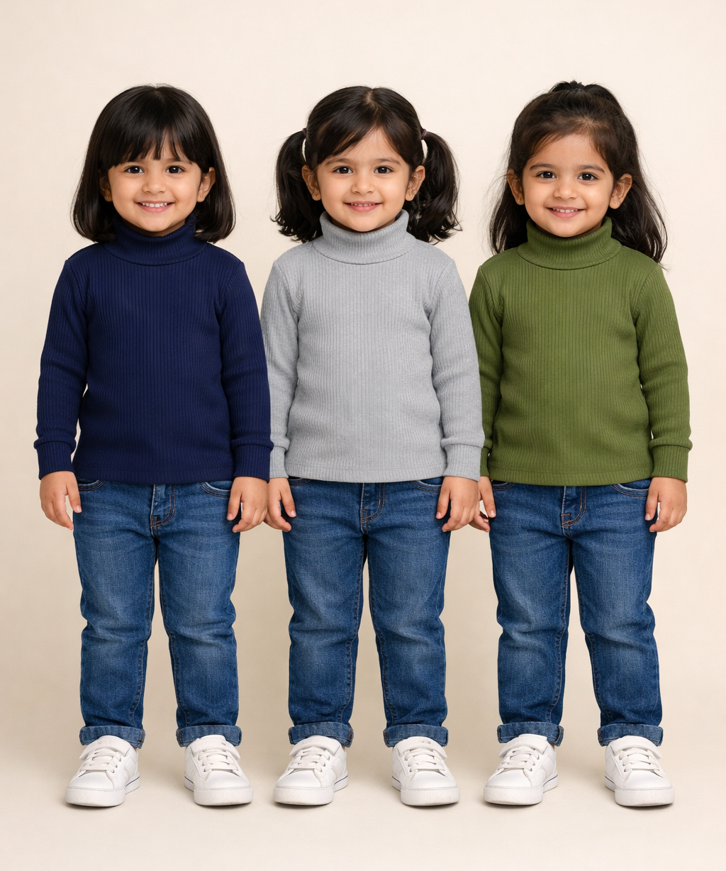 Kids Girls Full Sleeve Hi-Neck Plain Rib T-shirt | Age 0 to 5 Years (Pack of 3)