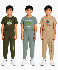 Boys Graphic Printed T-Shirt & Typography Track Pant Co-Ord Set | Age 2-5 Years | Pack Of 3 Set