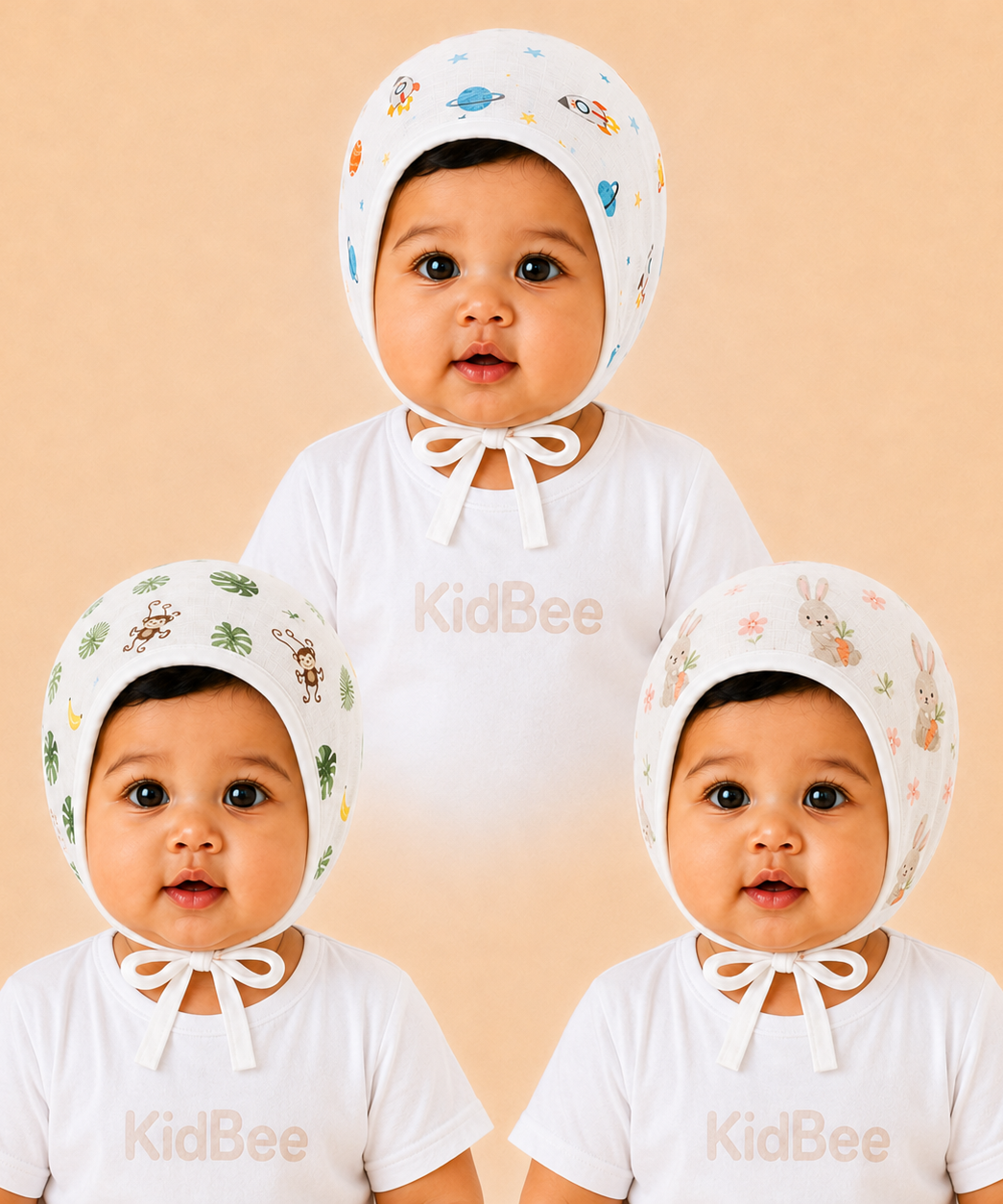 Baby Muslin Cotton Printed Bonnet Cap with Chin Tie – Soft & Comfortable Infant Headwear | 0–12 Months (Pack of 3)