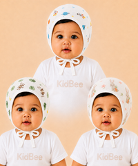 Baby Muslin Cotton Printed Bonnet Cap with Chin Tie – Soft & Comfortable Infant Headwear | 0–12 Months (Pack of 3)