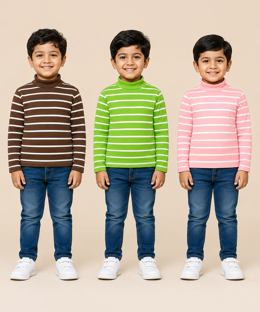 Kids Boys Full Sleeve Hi-Neck Stripes Rib T-shirt | Age 9 to 24 Months | Pack of 3 Pieces