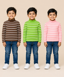 Kids Boys Full Sleeve Hi-Neck Stripes Rib T-shirt | Age 9 to 24 Months | Pack of 3 Pieces