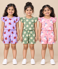 Girls All Over Printed | Flutter Sleeve Tshirt and Shorts Co-ord Set | Age 0 to 3 Years (Pack of 3 Sets)