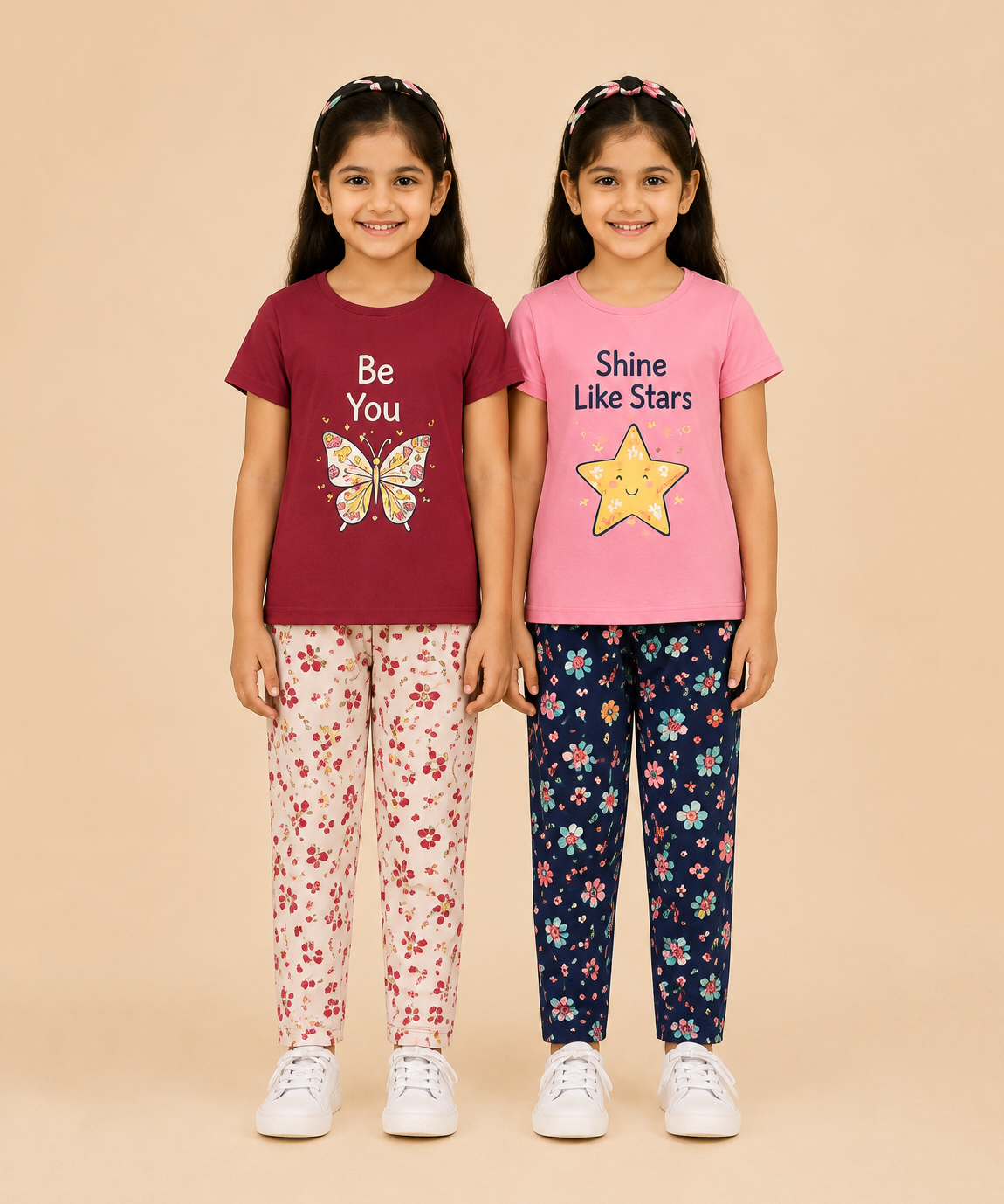 Girls Printed Cotton Night Suit Combo | Graphic Printed T-Shirts & Floral Night Pant | Age-2 to 6 Years | Pack Of 2 Sets