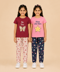 Girls Printed Cotton Night Suit Combo | Graphic Printed T-Shirts & Floral Night Pant | Age-2 to 6 Years | Pack Of 2 Sets