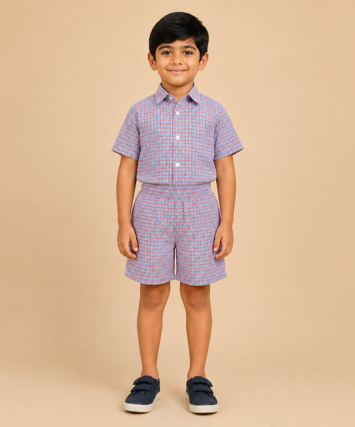 Polyester Checked Shirt and Shorts Set for Boy Kids Casual Wear Half Sleeve Co-Ord Set with Elastic Waist Shorts | Age 6 to 7 Years