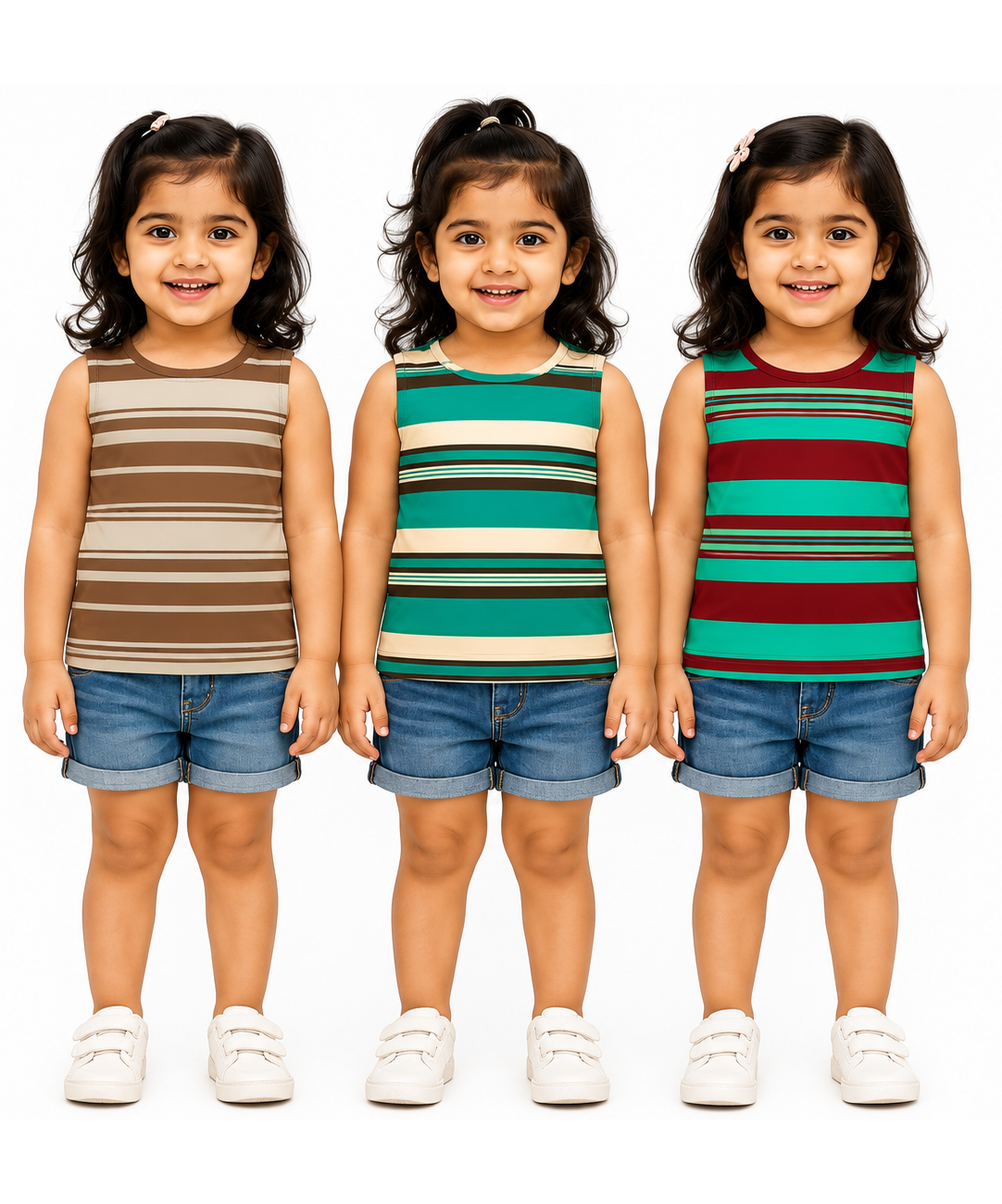Cotton Stripes Girls Kids Sleeveless Tshirt (Pack of 3)