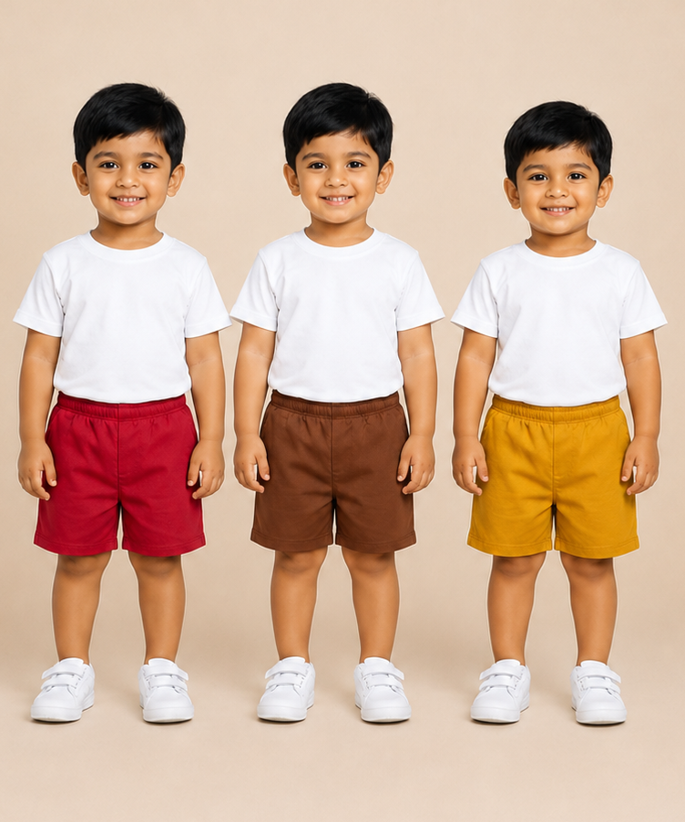 Pure Cotton Plain Shorts for Boys Kid with Elastic Age 3 Months to 4 Years (Pack of 3)