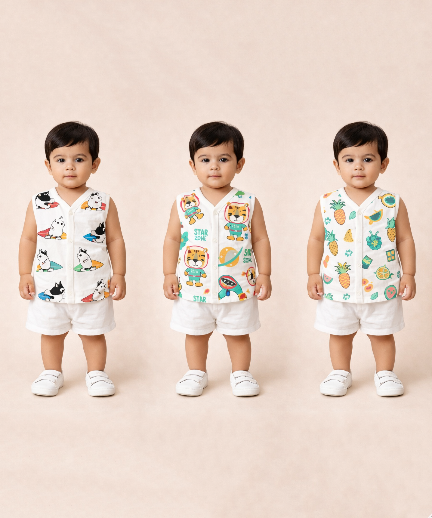 Baby Boys Sleeveless Muslin Cotton Printed Vest | 3–6 Months (Pack of 3)