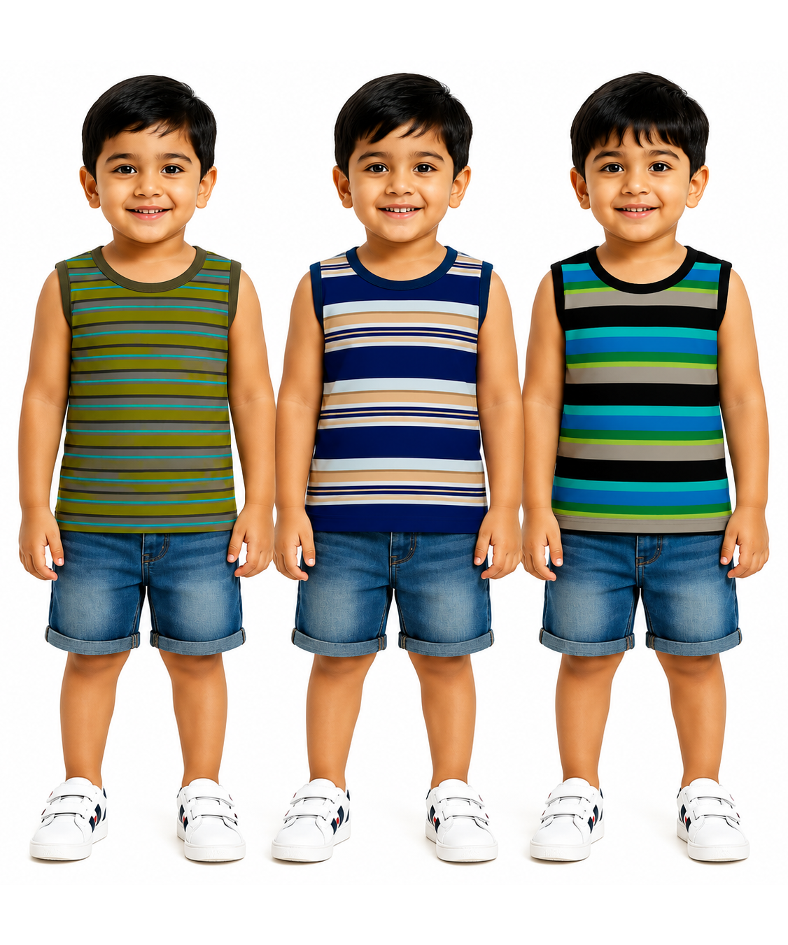 Cotton Stripes Kids Sleeveless Tshirt (Pack of 3)