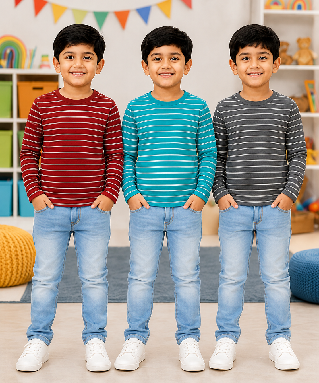 Kids Stripes Full Sleeve Cotton Tshirt | Age 0 to 3 Years (Pack of 3 Pieces)