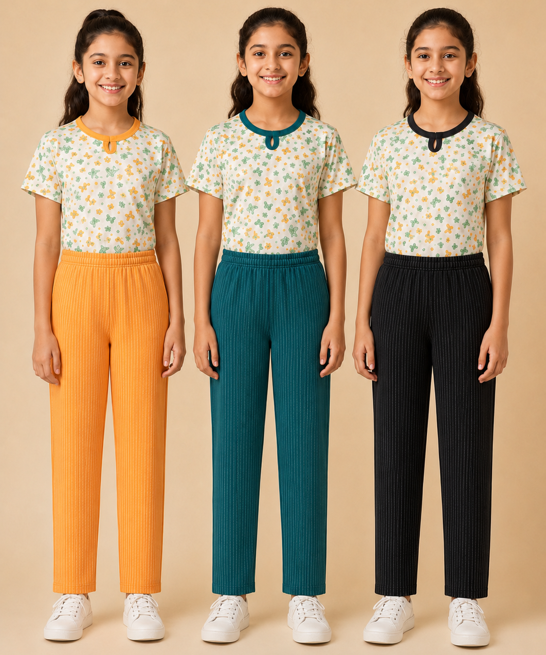 Girls Cotton Printed T-Shirt with Vertical Textured Lines Full-Length Pant Nightwear | Age 8 to 15 Years (Pack Of 3 Sets)