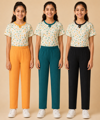 Girls Cotton Printed T-Shirt with Vertical Textured Lines Full-Length Pant Nightwear | Age 8 to 15 Years (Pack Of 3 Sets)