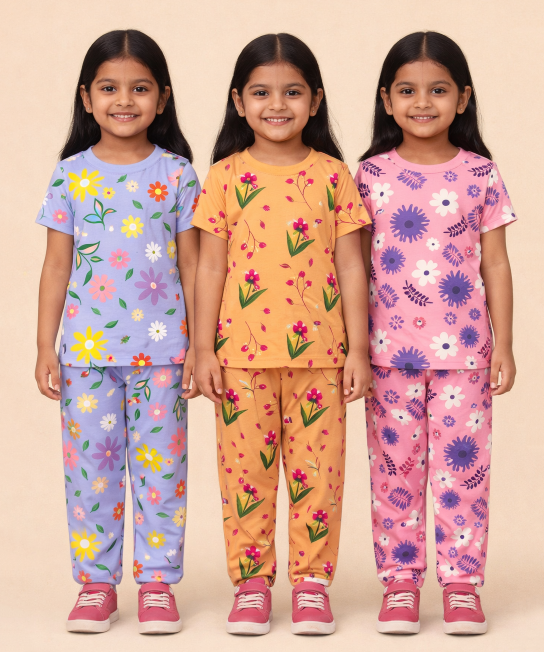 Girl Kids All Over Printed Co-ord Set | Tshirt and Pant | Age 2 to 10 Years (Pack of 3 Sets)