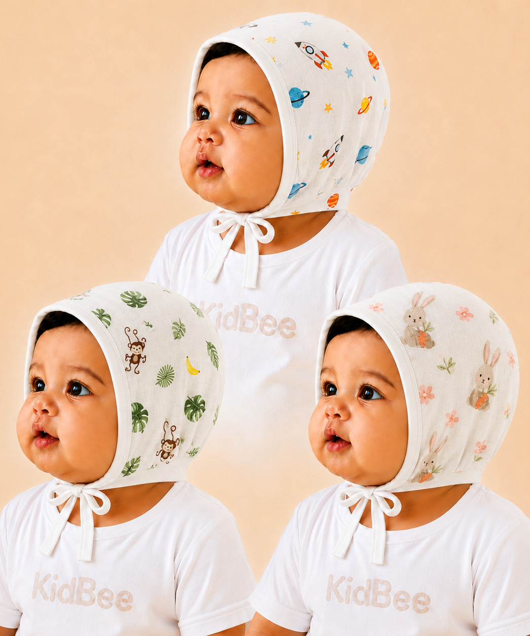 Baby Muslin Cotton Printed Bonnet Cap with Chin Tie – Soft & Comfortable Infant Headwear | 0–12 Months (Pack of 3)