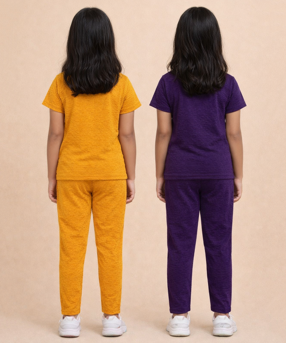 Girls Textured Polyester Co-ord Set | Half Sleeve Top & Pants | Pack of 2 Pieces