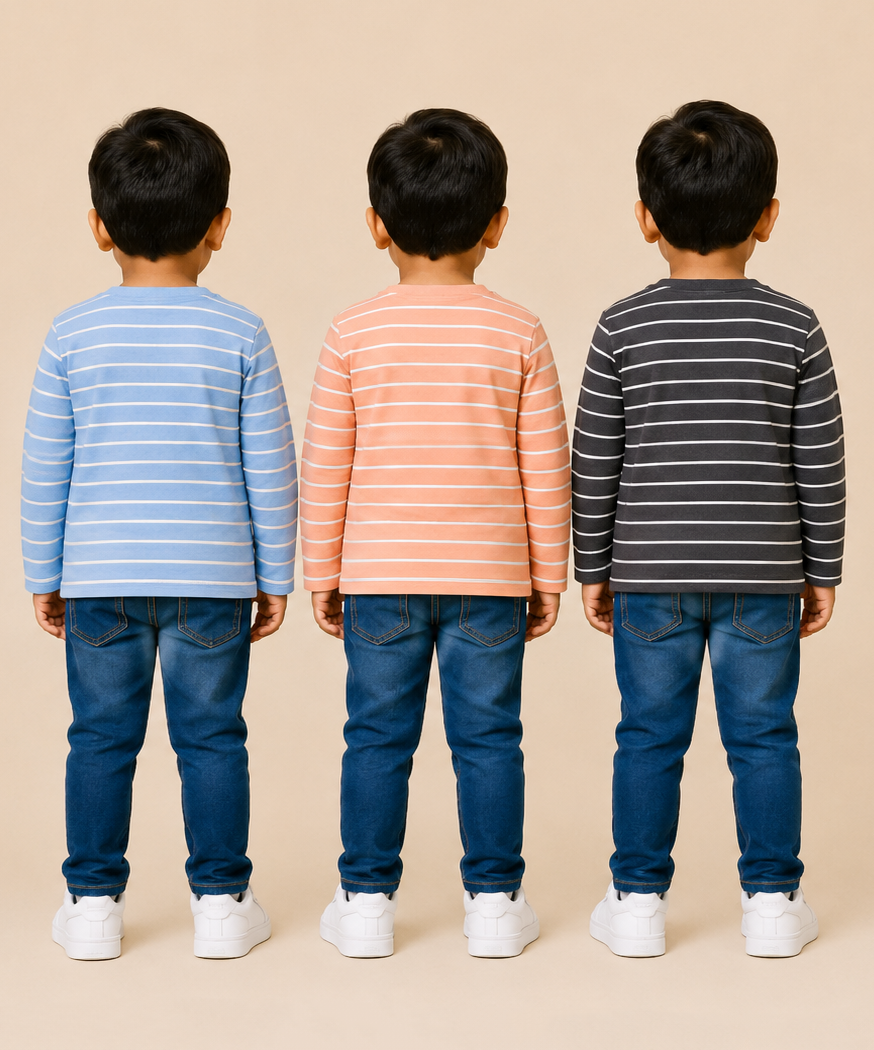 Kids Boys Cotton Stripes Full Sleeve T-shirt | Age 0-3 Years (Pack of 3)