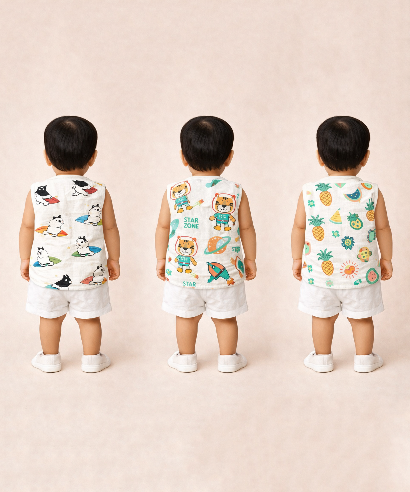 Baby Boys Sleeveless Muslin Cotton Printed Vest | 3–6 Months (Pack of 3)