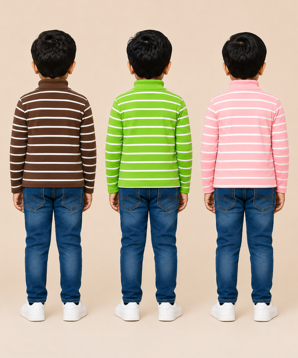 Kids Boys Full Sleeve Hi-Neck Stripes Rib T-shirt | Age 9 to 24 Months | Pack of 3 Pieces