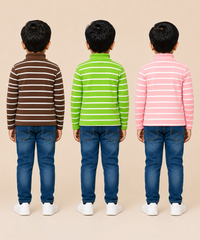Kids Boys Full Sleeve Hi-Neck Stripes Rib T-shirt | Age 9 to 24 Months | Pack of 3 Pieces