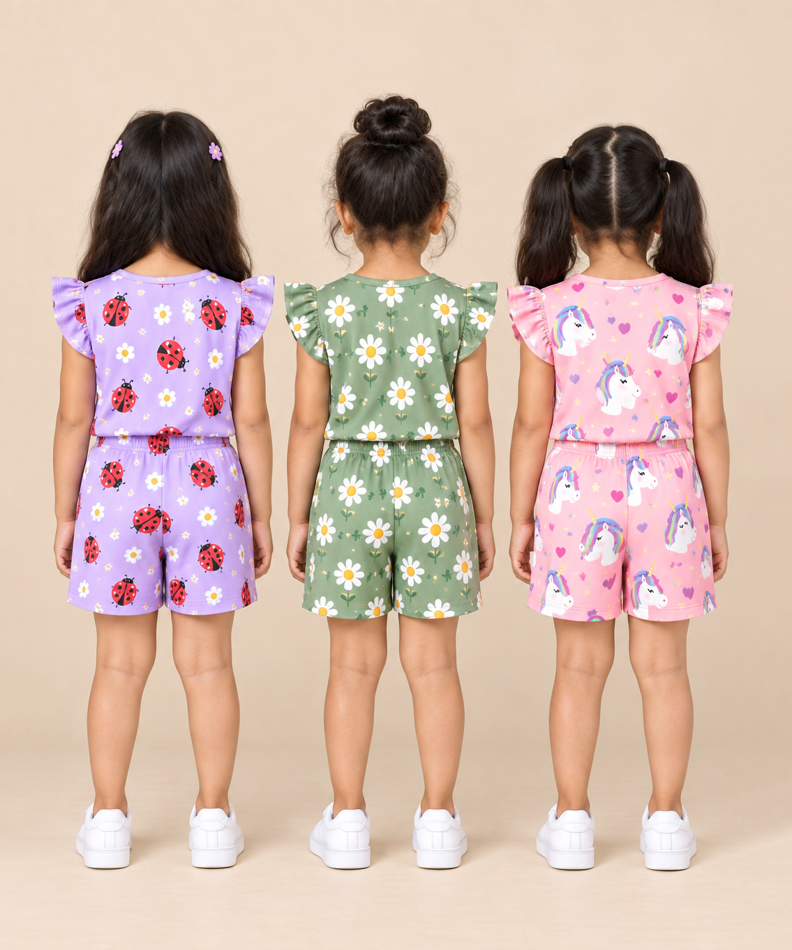 Girls All Over Printed | Flutter Sleeve Tshirt and Shorts Co-ord Set | Age 0 to 3 Years (Pack of 3 Sets)