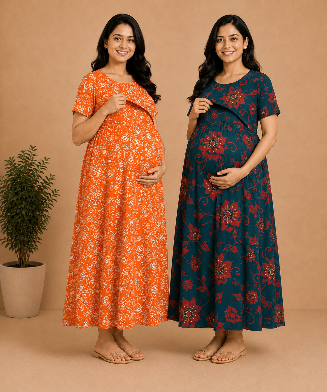 Maternity Feeding Maxi Dress | Nursing Friendly Nighty Style (Pack of 2 Pieces)