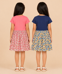Girls Printed Half Sleeve Cotton Contrast Frock Dress | Floral Knee Length Casual Wear for Kids | Age - 5 to 10 Years | (Pack of 2)