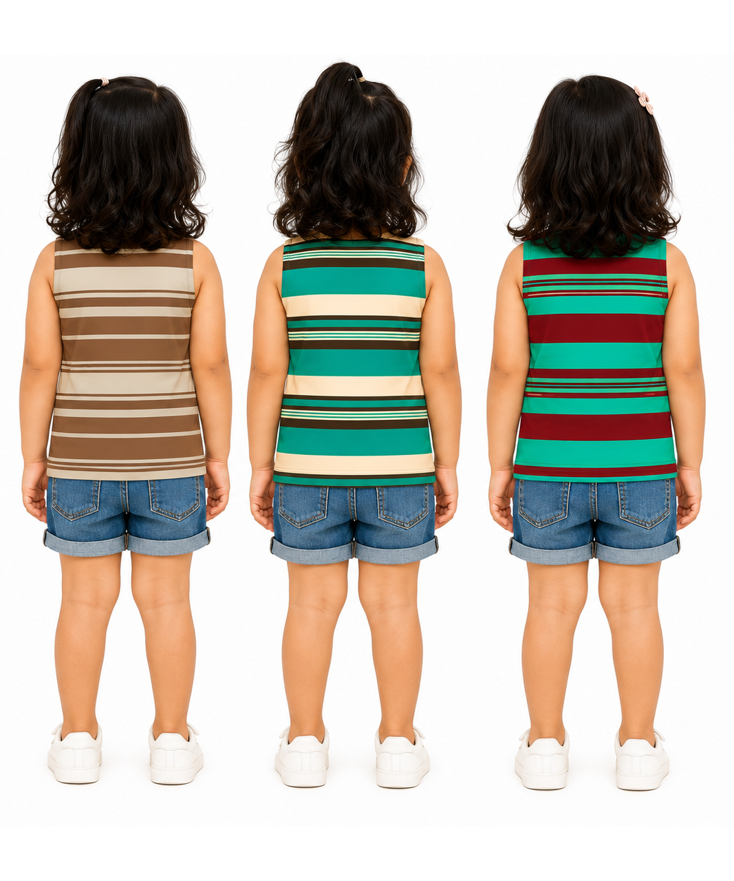 Cotton Stripes Girls Kids Sleeveless Tshirt (Pack of 3)
