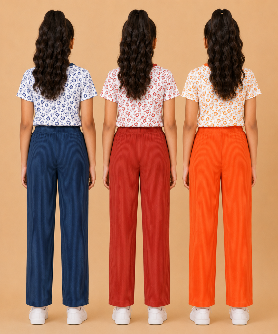 Girls Cotton Printed T-Shirt with Vertical Textured Lines Full-Length Pant Nightwear | Age 8 to 15 Years (Pack Of 3 Sets)