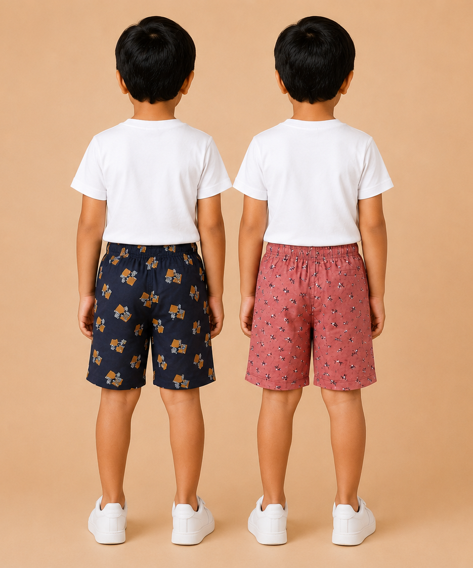 Kids Boys Checkered & Printed Cotton Shorts | Age - 5 to 10 Years | Soft Elastic Waist Casual Shorts | Combo Pack of 2 Pieces