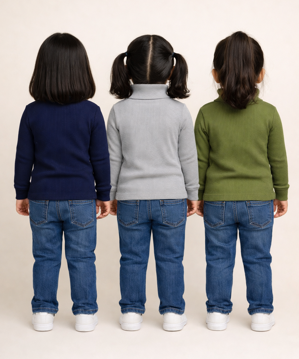 Kids Girls Full Sleeve Hi-Neck Plain Rib T-shirt | Age 0 to 5 Years (Pack of 3)