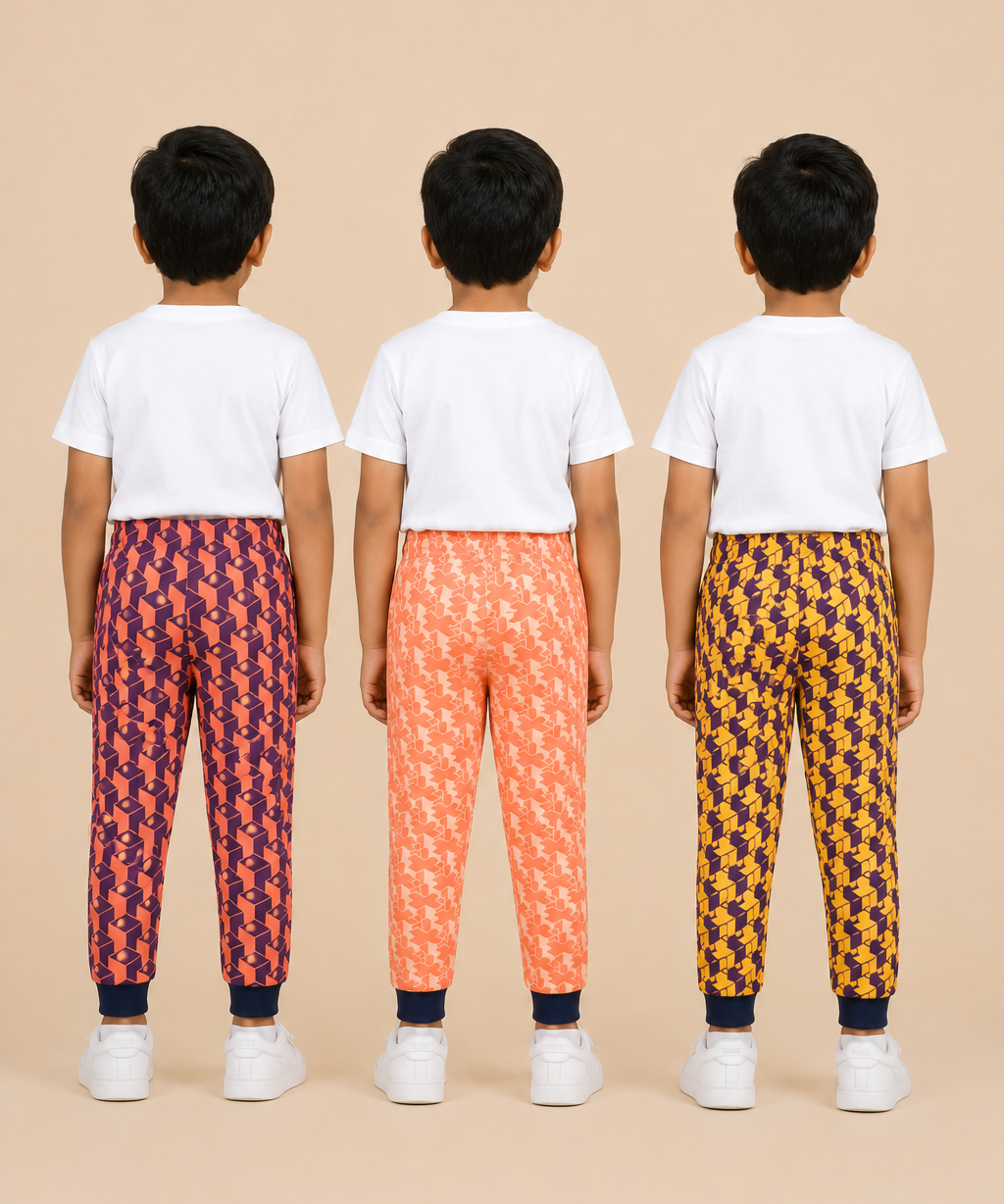 Kids Printed Cotton Track Pants for Boys | Soft Elastic Waist Full Length Joggers | Age 6 Months-5 Years | Pack of 3 Pieces