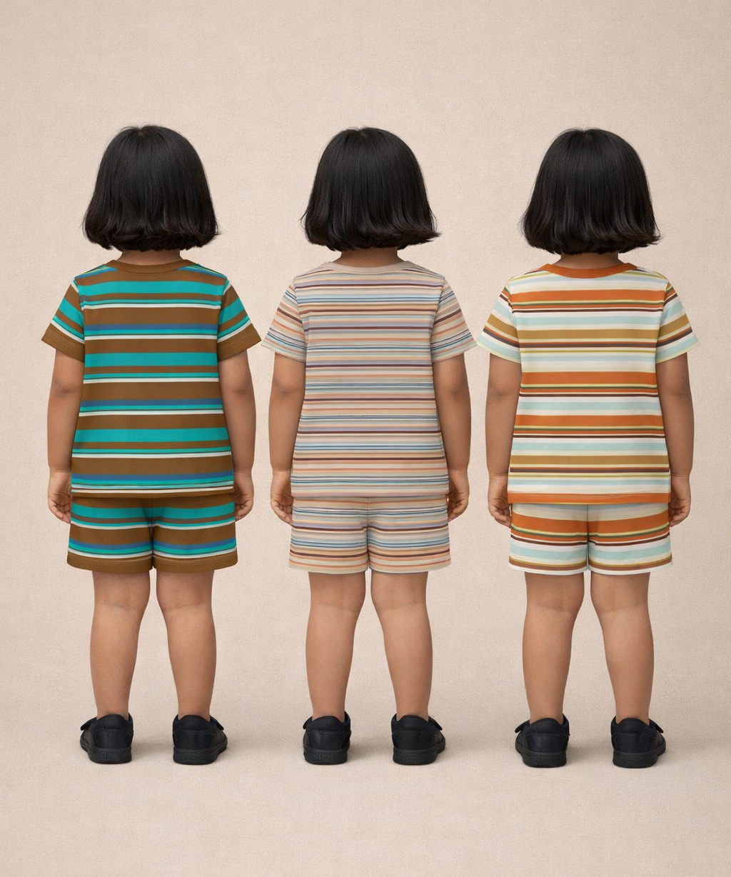 Girls Cotton Stripes Kids Co-ord Set Combo / Age 1-4 Years | T-shirt & Shorts (Combo Set Pack of 3)
