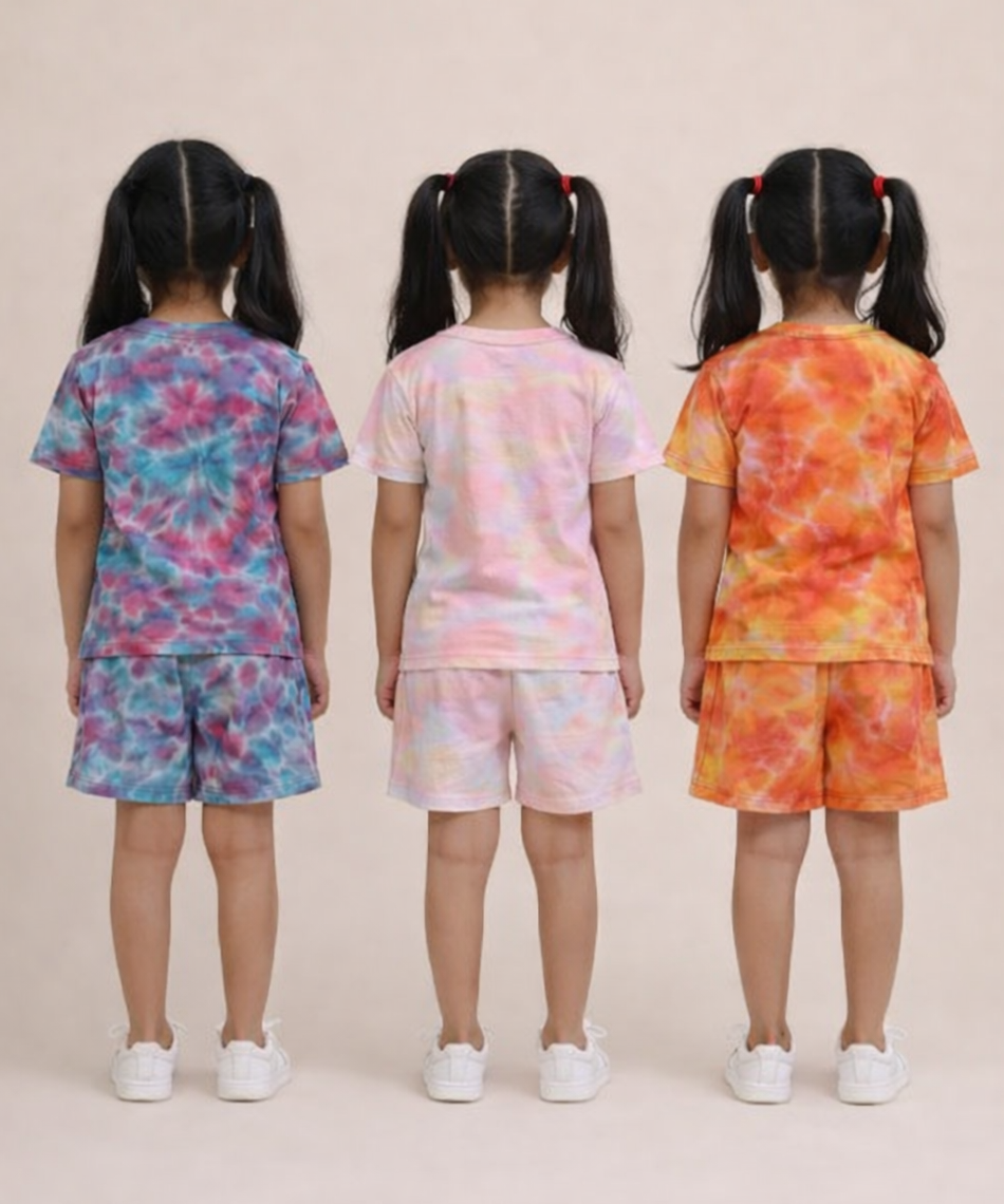 Kids Girls Tie-Dye Cloud Print Cotton T-Shirt & Shorts Co-ord Set | Pack of 3 Pieces | Age 1–4 Years