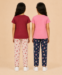 Girls Printed Cotton Night Suit Combo | Graphic Printed T-Shirts & Floral Night Pant | Age-2 to 6 Years | Pack Of 2 Sets