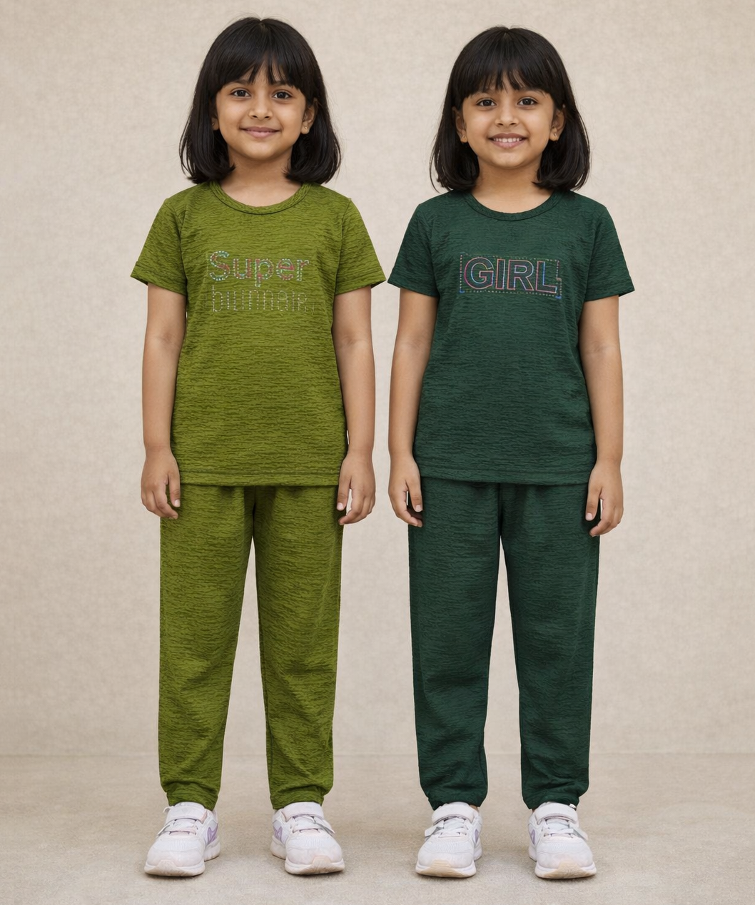 Girls Textured Polyester Co-ord Set | Half Sleeve Top & Pants | Pack of 2 Pieces