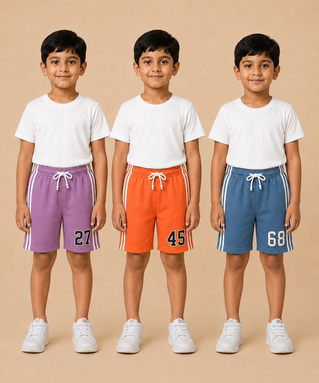 Kids Double Side Stripe Sports Shorts | Cotton Casual Shorts for Boys | Age 6-9 Years | Pack Of 3 Pieces Combo