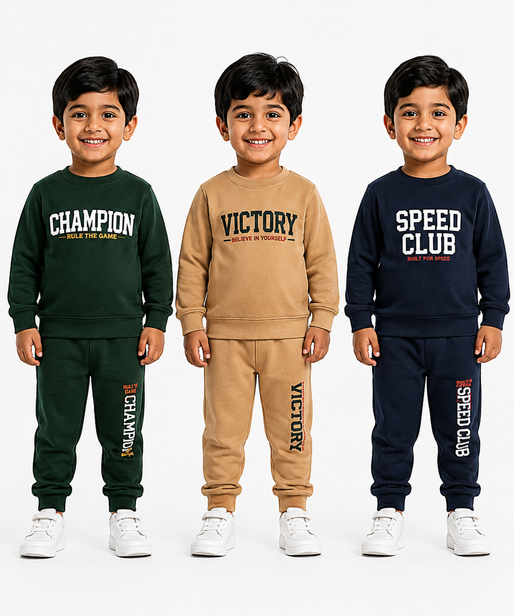 Boys Full Sleeve Cotton Winter Co-Ord Set | Typography Chest Printed Sweatshirt & Jogger Track Pant | Age 1 to 4 Years (Pack of 3 Sets)