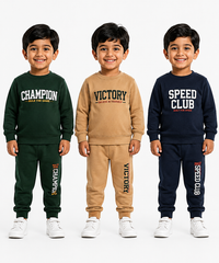 Boys Full Sleeve Cotton Winter Co-Ord Set | Typography Chest Printed Sweatshirt & Jogger Track Pant | Age 1 to 4 Years (Pack of 3 Sets)