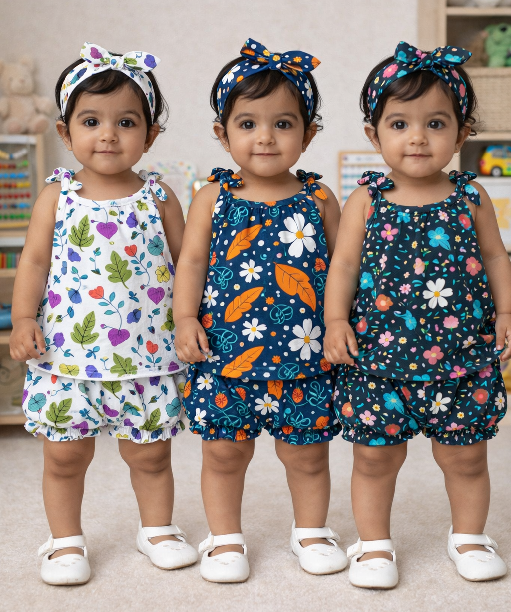 Boy & Girl Baby Printed Top Knot Dress | Top and Shorts Set | 100% Pure Cotton (Pack of 3 Sets Combo)