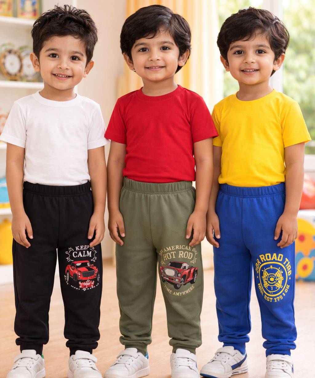 Cotton Track Pant with Bottom Cuff | Random Cartoon Printed | Age 0 to 5 Years (Pack of 3 Pieces)
