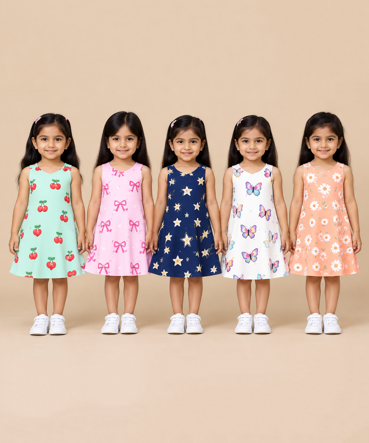 Girls 100% Cotton All Over Printed 2 To 5 Years Gown Dress/Frock Dress (Pack of 5)