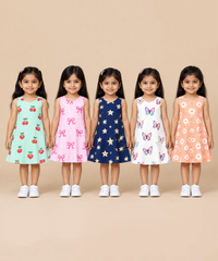 Girls 100% Cotton All Over Printed 2 To 5 Years Gown Dress/Frock Dress (Pack of 5)
