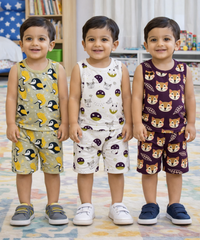 Boys Cotton Cartoon Printed Kids Sleeveless Set Combo | Age 0 to 3 Years | T-shirt & Shorts (Combo Set Pack of 3)