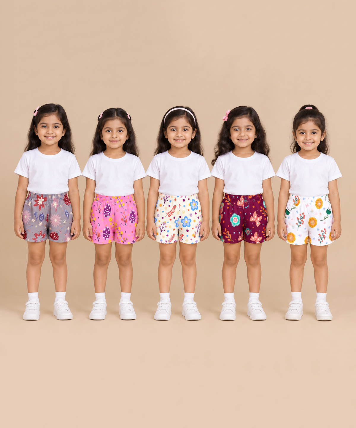 Girls Printed Cotton Shorts | Soft Elastic Waist Casual Shorts | Age 4 to 12 Years (Pack of 5 Pieces)