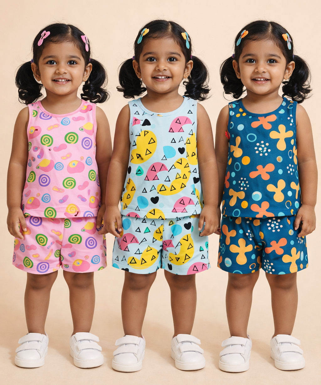 Girls Cotton Cartoon Printed Kids Sleeveless Set Combo | Age 0 to 3 Years | Sleeveless T-shirt & Shorts Co-ord Set (Pack of 3 Sets)