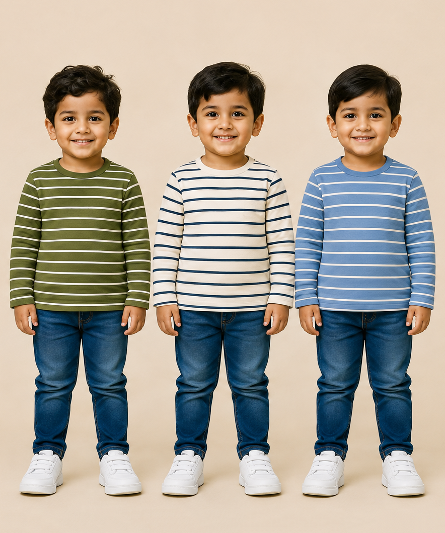 Kids Boys Cotton Stripes Full Sleeve T-shirt | Age 0-3 Years (Pack of 3)