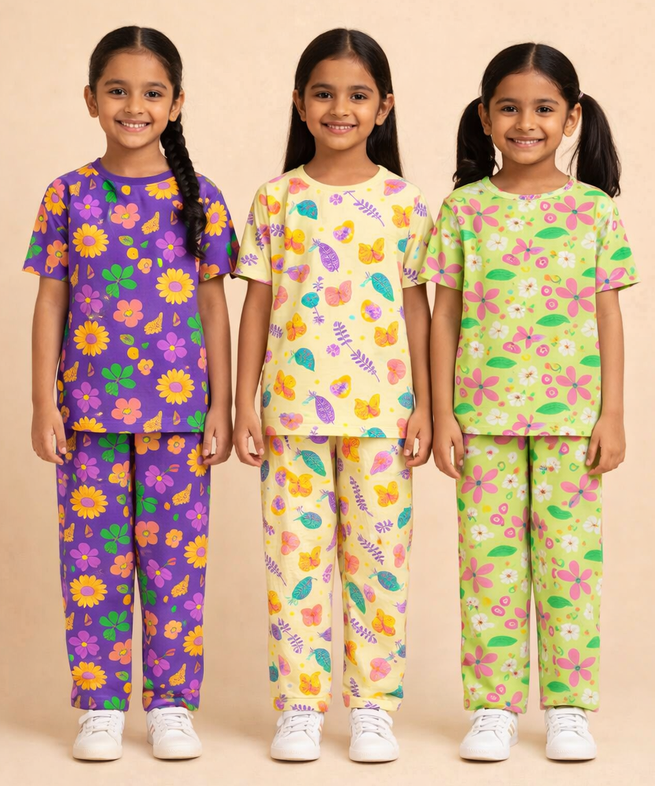 Girl Kids All Over Printed Co-ord Set | Tshirt and Pant | Age 2 to 10 Years (Pack of 3 Sets)